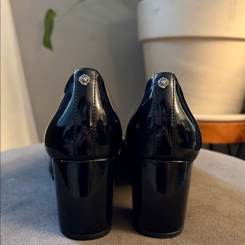 Anne Klein Meredith Black Patent Peep-Toe Block Heels size 7.5 Classic Preppy - Picture 5 of 8